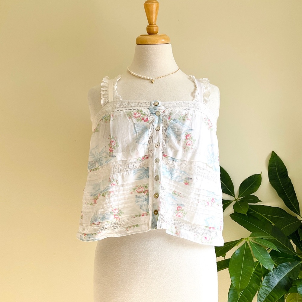 LoveShackFancy White Floral Button-Front Lace Camisole